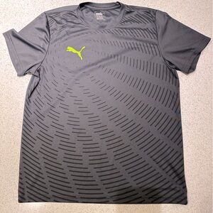 Men’s Puma Charcoal Grey Neon Green Logo Dry Fit Athletic Short Sleeve Tee